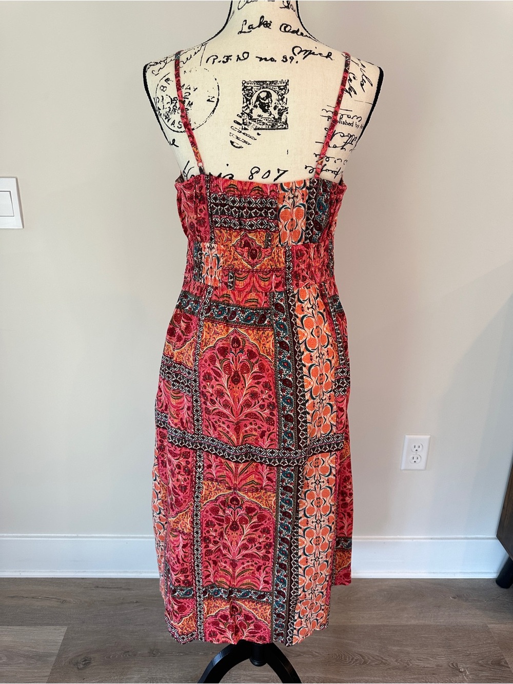 Old Navy Coral-Red and Orange Patterned patchwork strapless Midi Dress size M - Picture 4 of 10